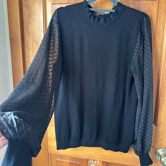 Adrianna Papell Sheer Sleeves Gold Detail Sweater Top - Small, Black - Picture 3 of 6